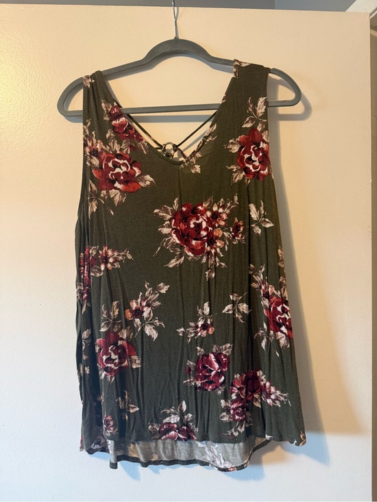 Papermoon Tops - Papermoon Olive Green Floral Tank with Burgundy Rose Print